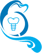 Stylized blue dental logo featuring tooth implant icon and curved design elements.