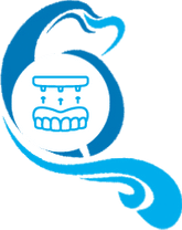 Stylized blue logo featuring a dolphin circling a dental implant crown icon.
