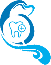 Blue logo showing stylized dolphin above tooth with cross symbol, representing dental care.