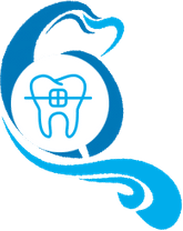 Blue logo featuring stylized tooth with orthodontic braces and curved design elements for dental practice.