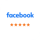 Facebook logo with five orange stars rating below it
