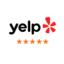 Yelp logo with five gold stars indicating excellent customer rating for Tide Dental